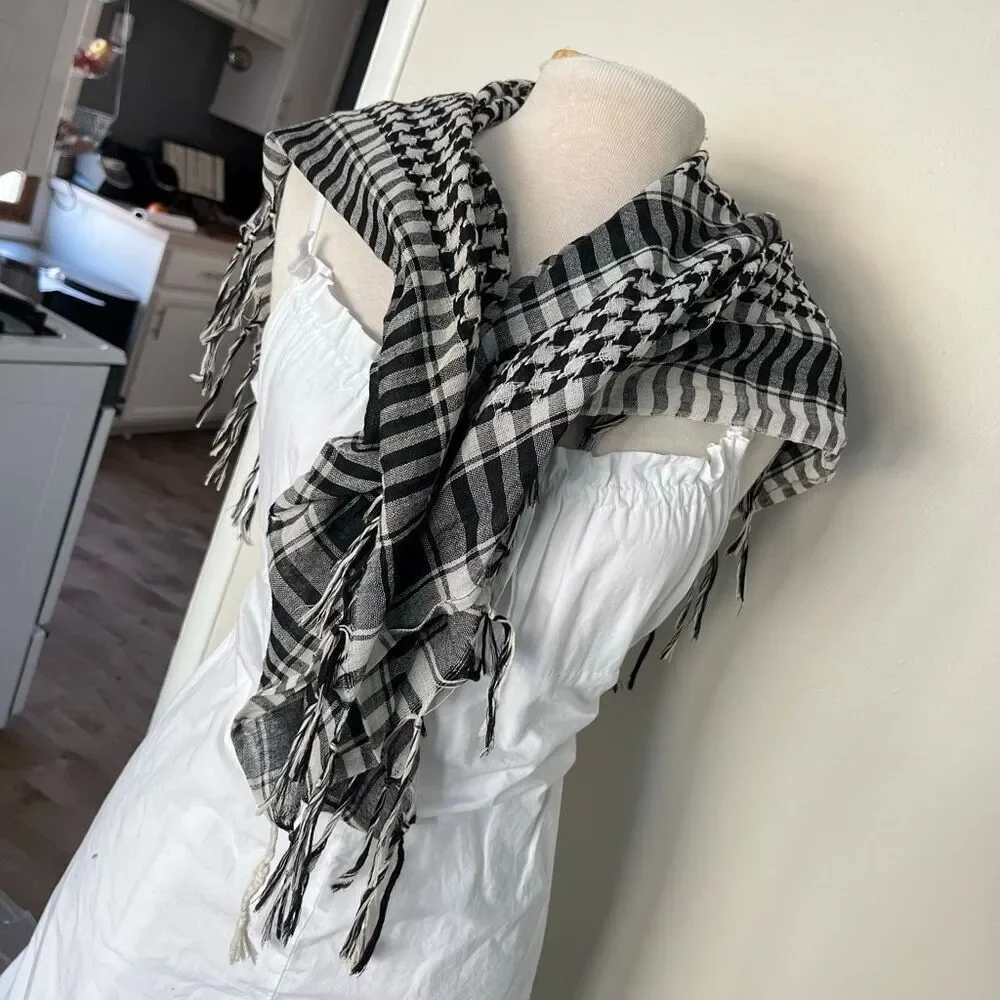 Black White Afghan Keffiyeh Cotton Military Scarf 40” x 40” Unisex NWOT